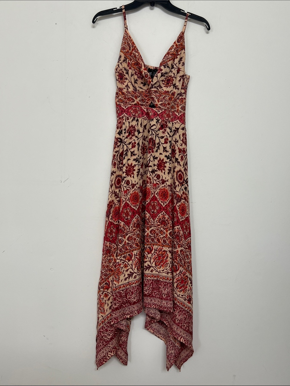 🌞 Angie Bohemian Peach & Burgundy Floral Print spagetti strin maxi dress women S